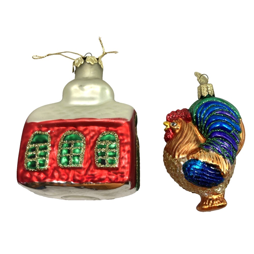 Two Vtg Hand Blown Glass Christmas Ornaments School Rooster Old‎ World Christmas